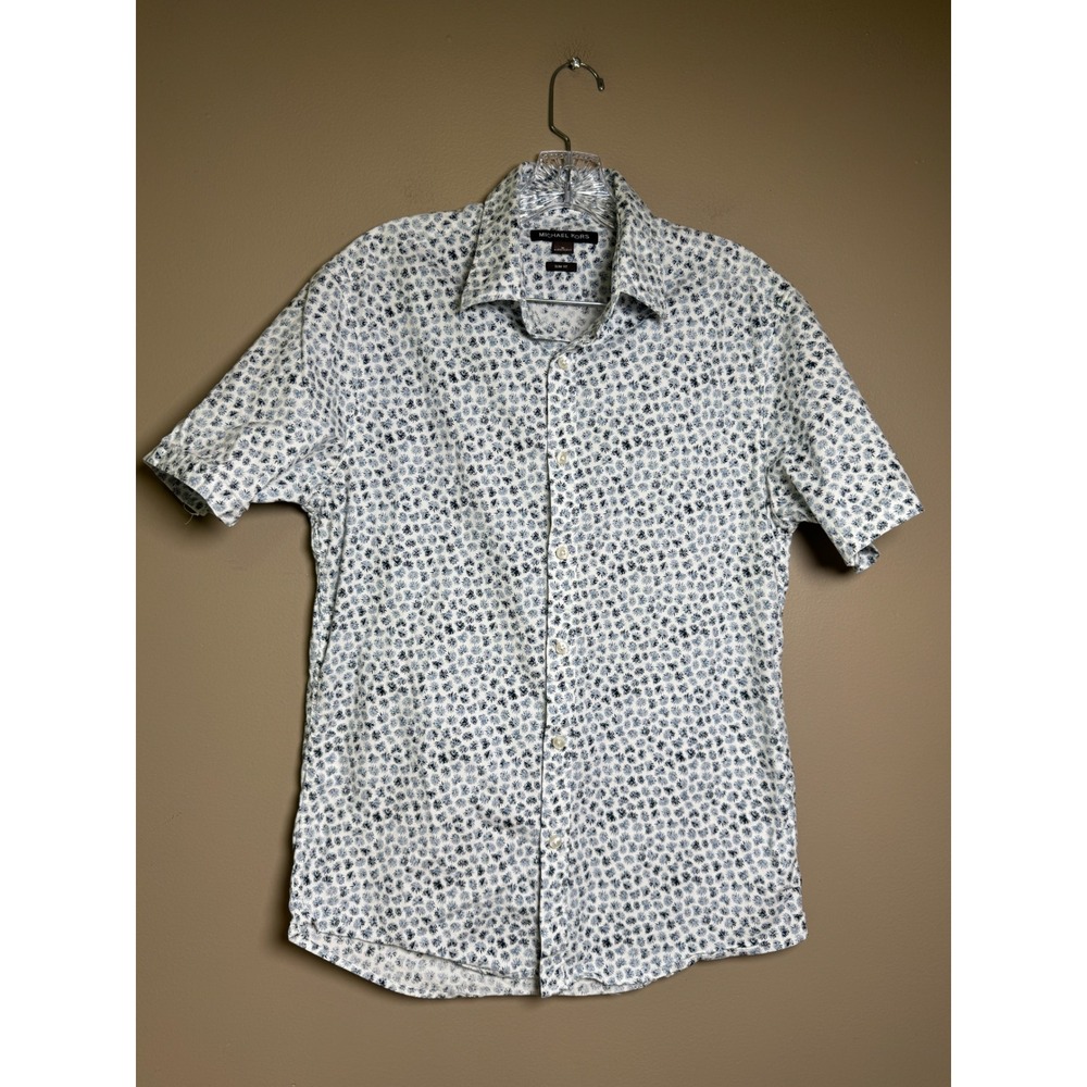 Michael Kors Mens Slim Fit Short Sleeve Floral Button Down Shirt Blue White M